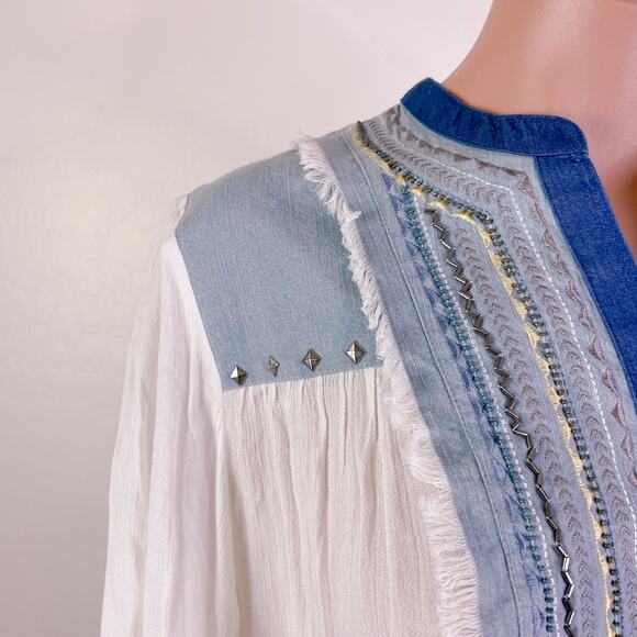 Desigual Western Rodeo Country Gauze Denim Fringe Sleeve Boho Top White S NWT - Picture 5 of 11